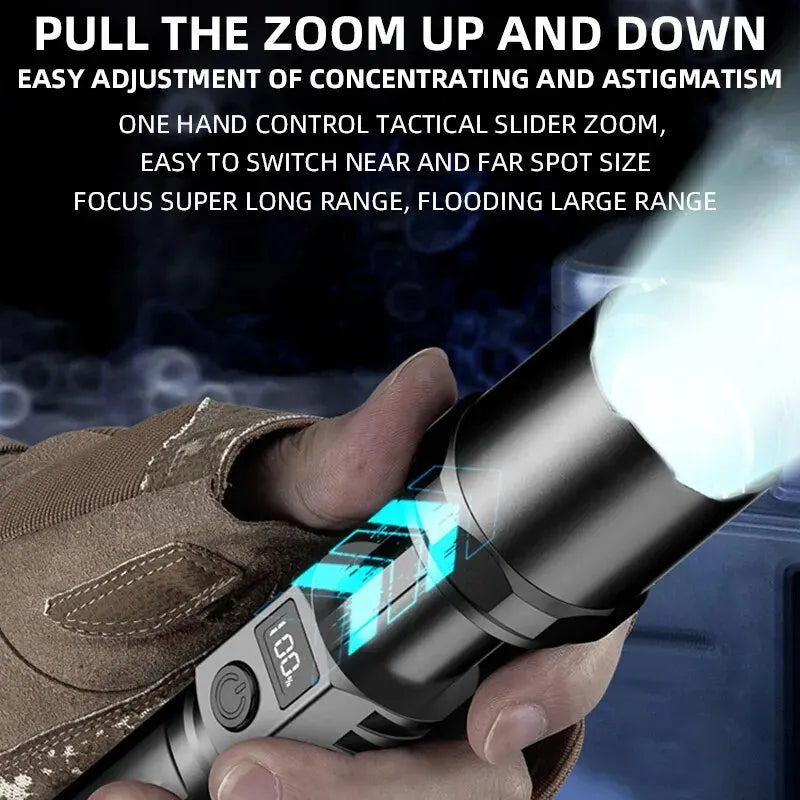 High Power XHP100 Led Flashlight Rechargeable Retractable Flashlight Digital Zoom Usb Hand Light for Camping,Outdoor and Emerge